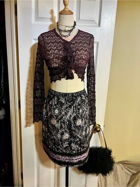 Y2K Wms Purple Black Polka Dot Floral Paisley Boho Preppy Cotton Mini Skirt S